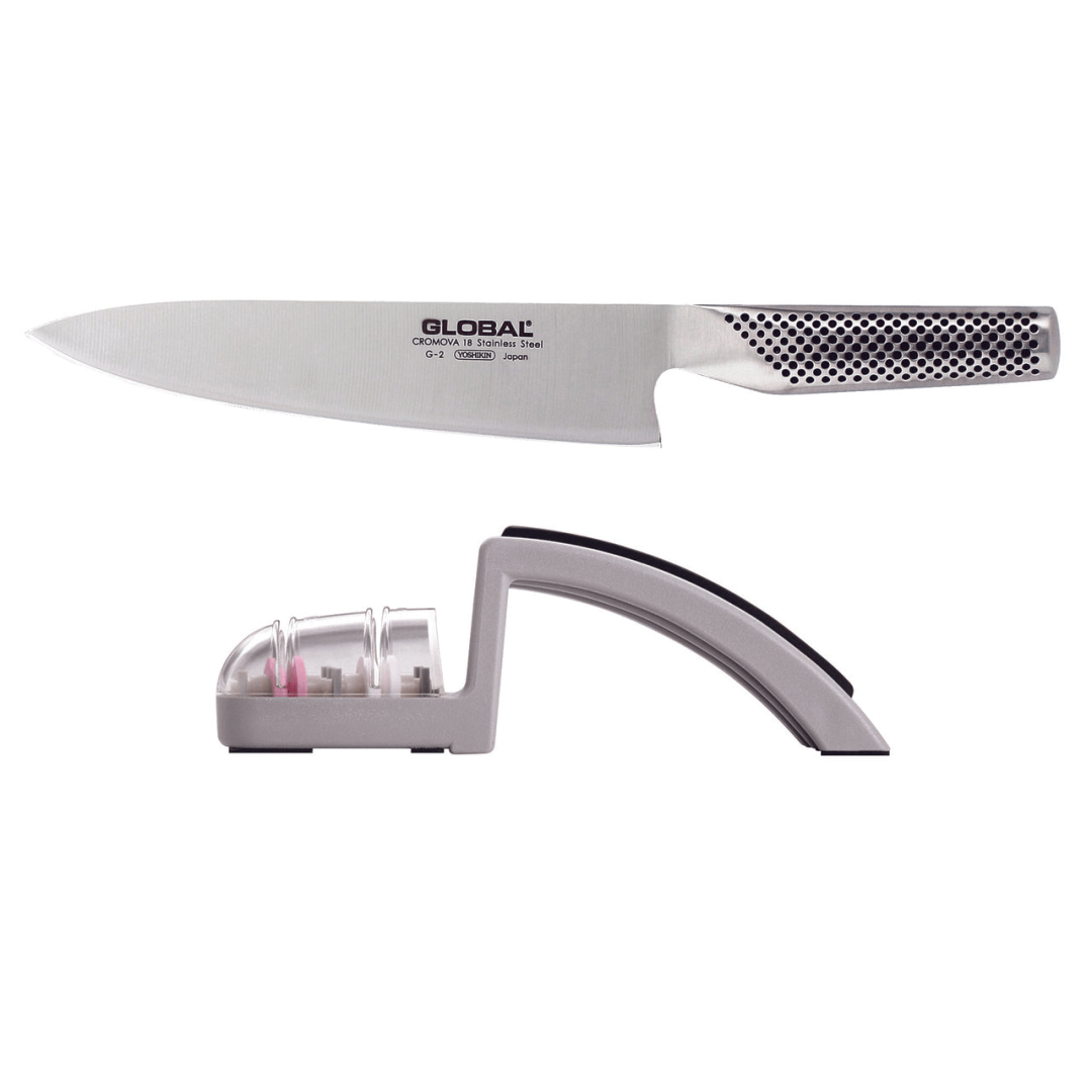 Chef's Knife and Two-Step Sharpener Set - Grey