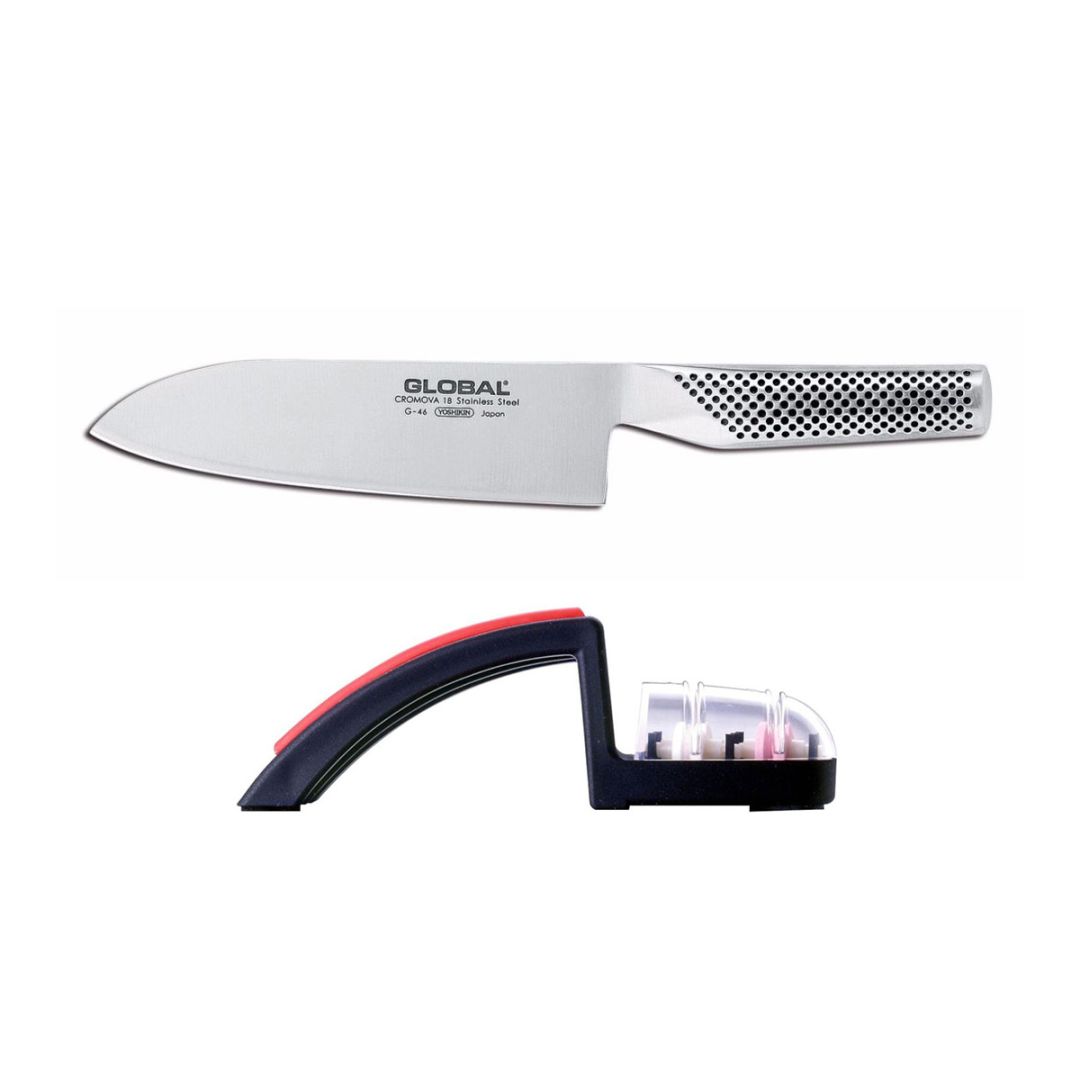 Santoku Knife and Two-Step Sharpener Set - Black