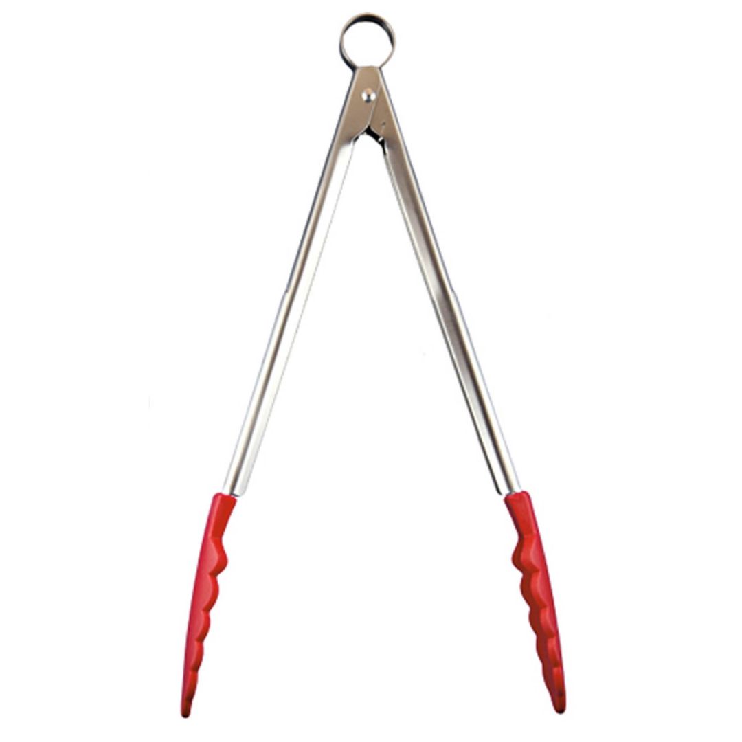 9.5" Stainless Steel Locking Tongs with Silicone Ends - Red