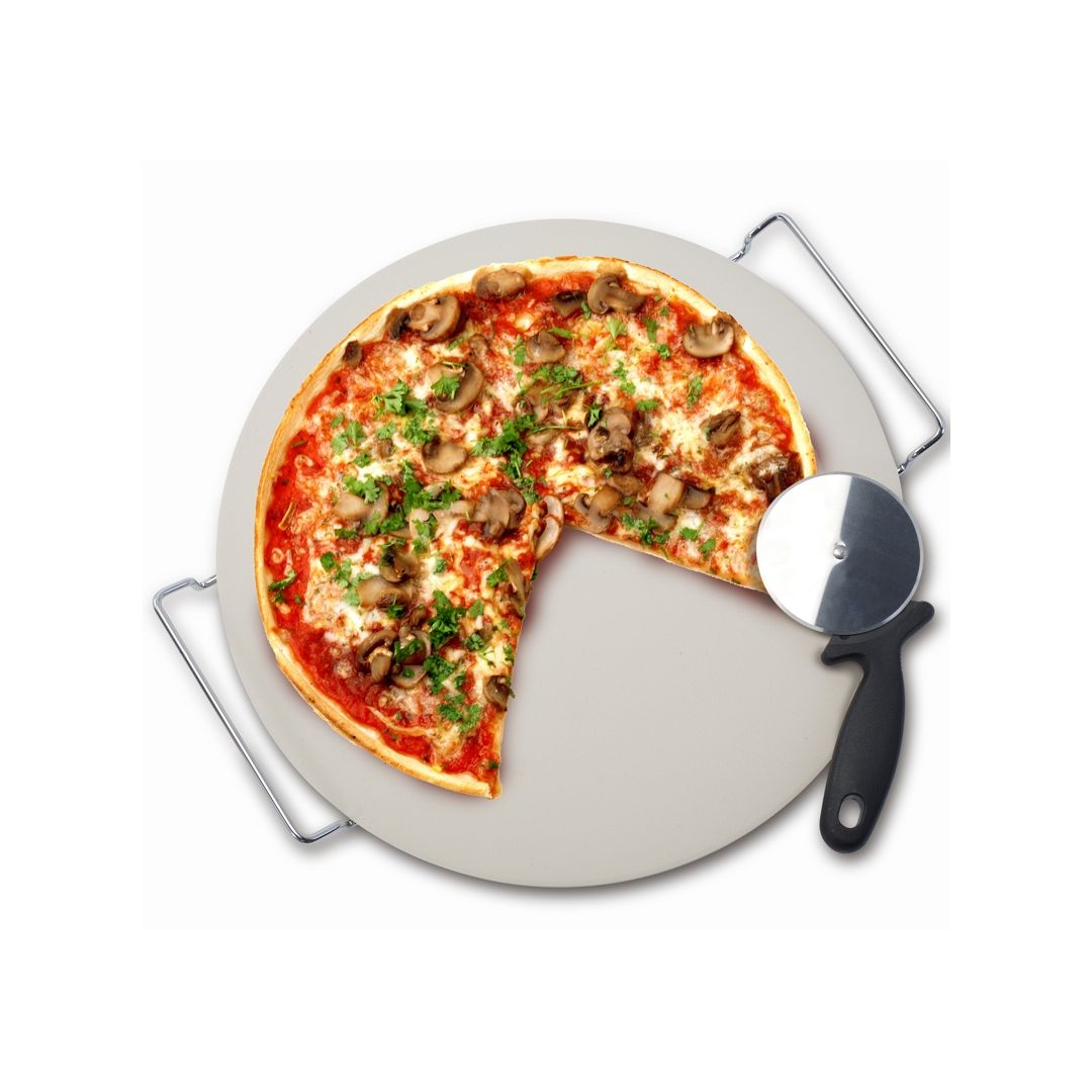 Pierre à pizza, support en métal et coupe-pizza