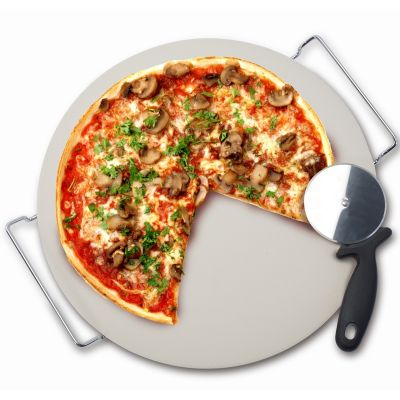 Pierre à pizza, support en métal et coupe-pizza
