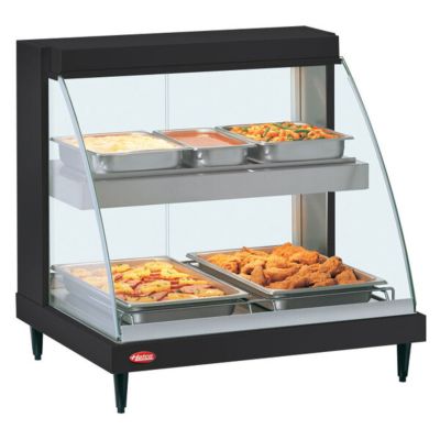 Présentoir chauffant avec tablette double et verre courbé 