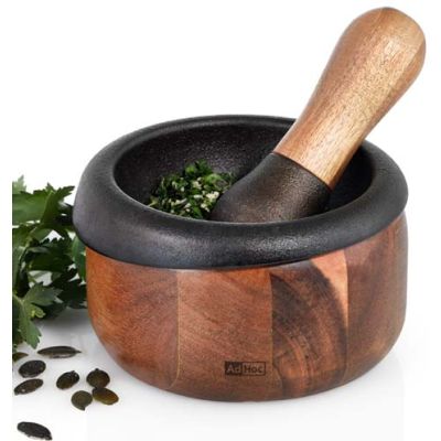 Mortier et pilon en bois d'acacia et en fonte