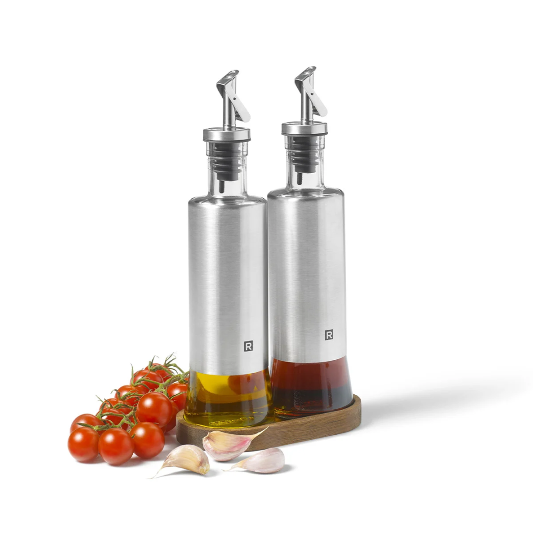 Ensemble de bouteilles huile et vinaigre avec base acacia