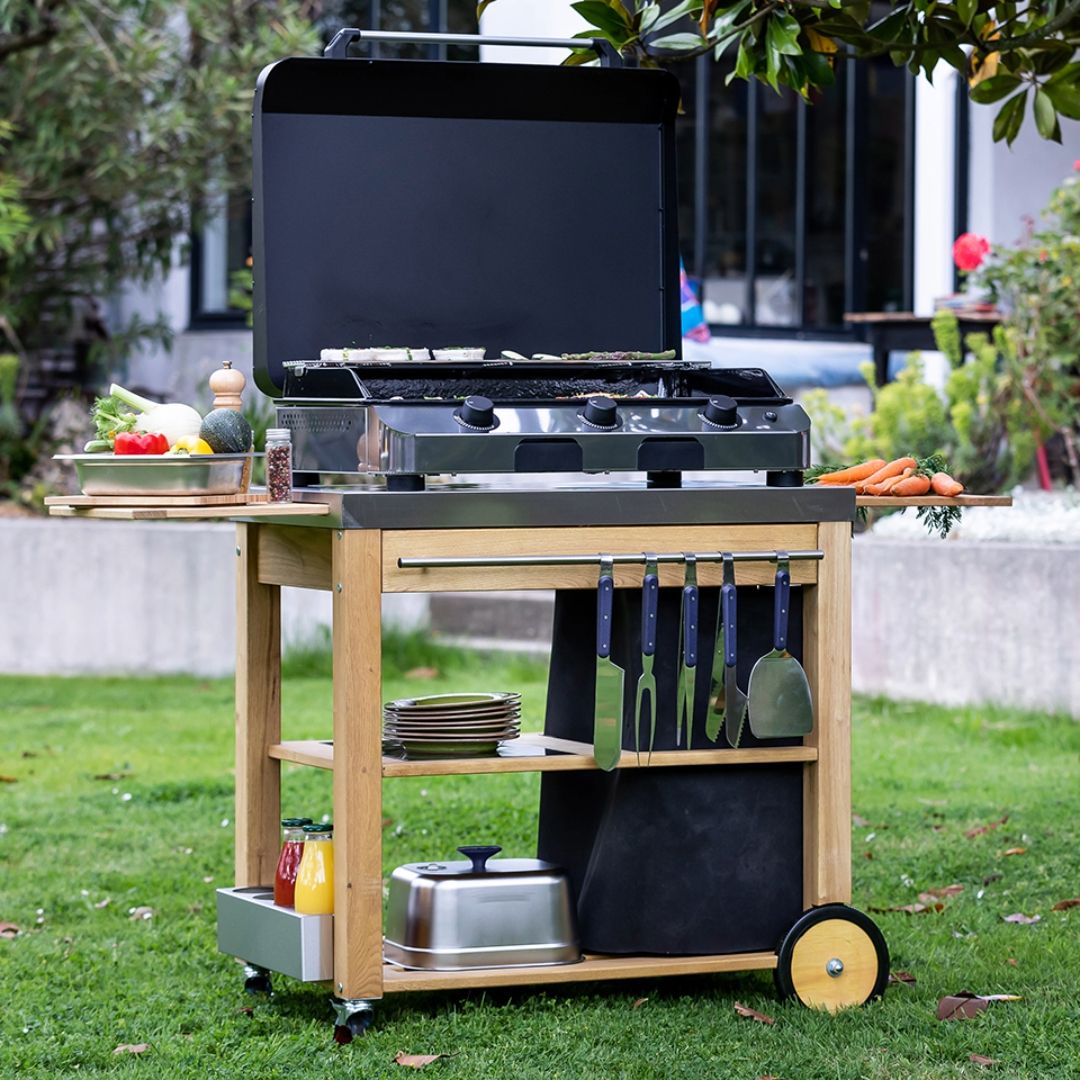 Chariot en robinier et en acier inoxydable pour Plancha