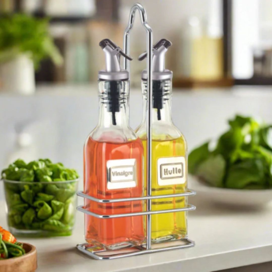 Ensemble bouteilles en verre et support
