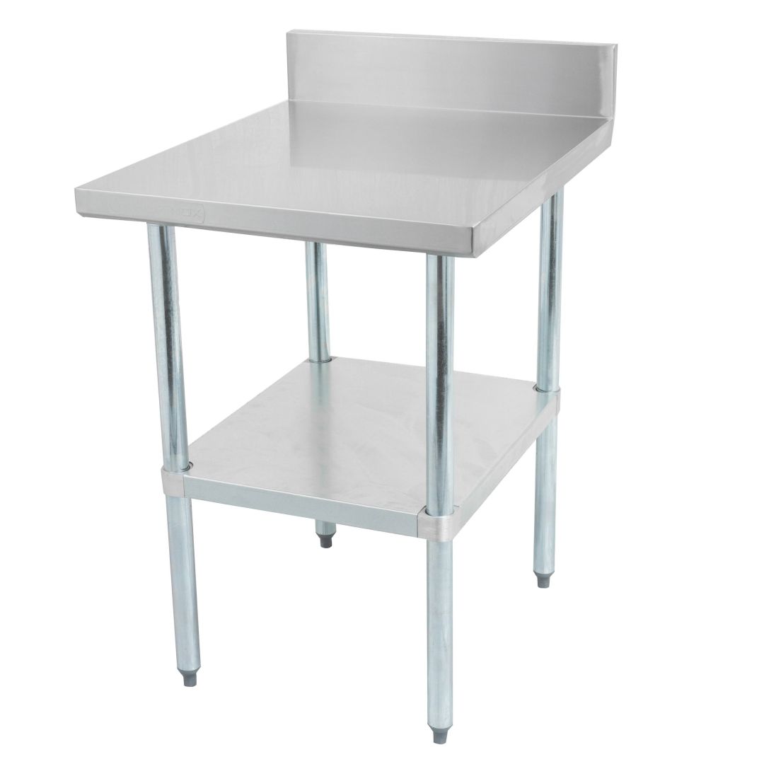 Table de travail avec dosseret en acier inoxydable avec tablette et pattes en acier galvanisé 60" x 30"