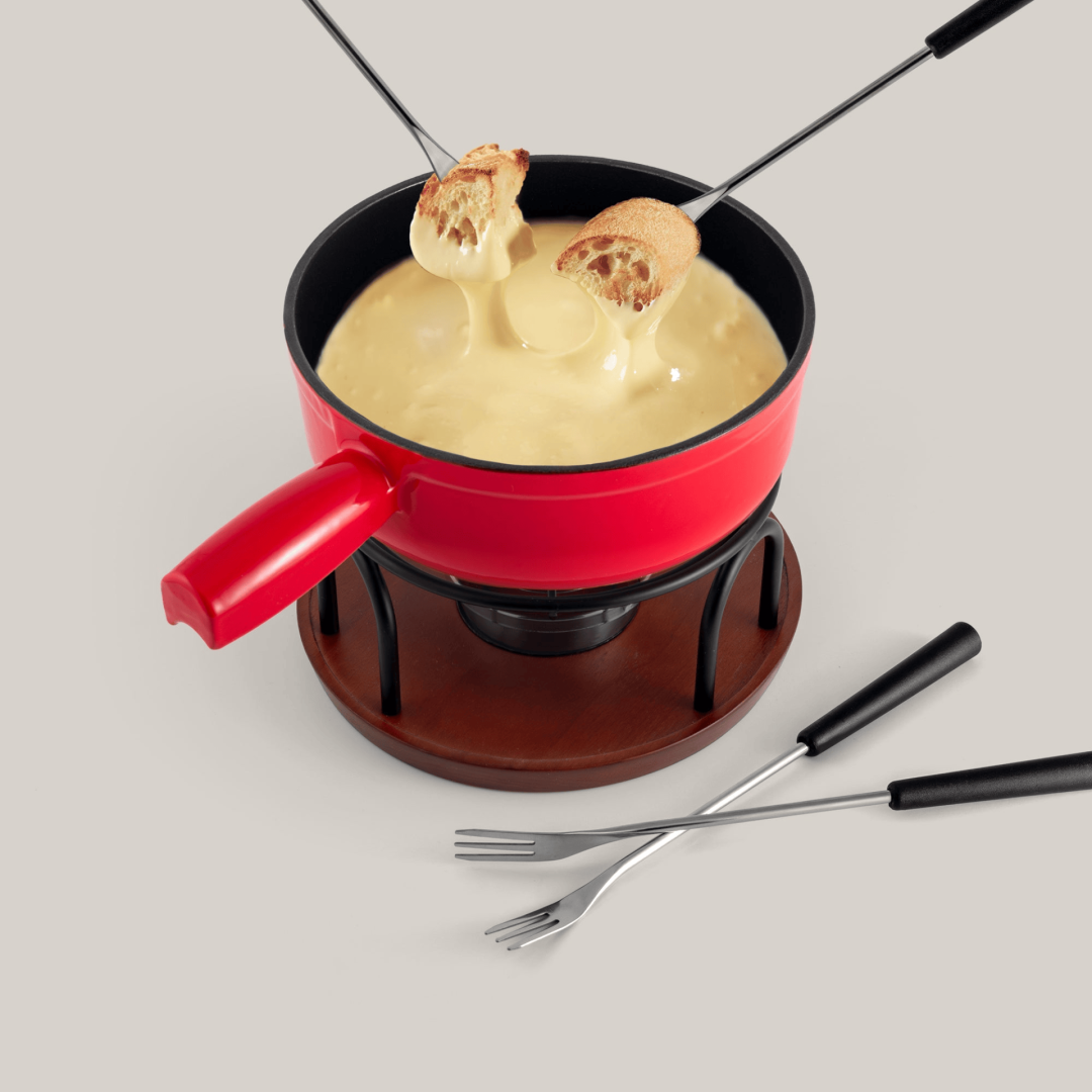 9-Piece Cast Iron Cheese Fondue Set – Ticino (Red)