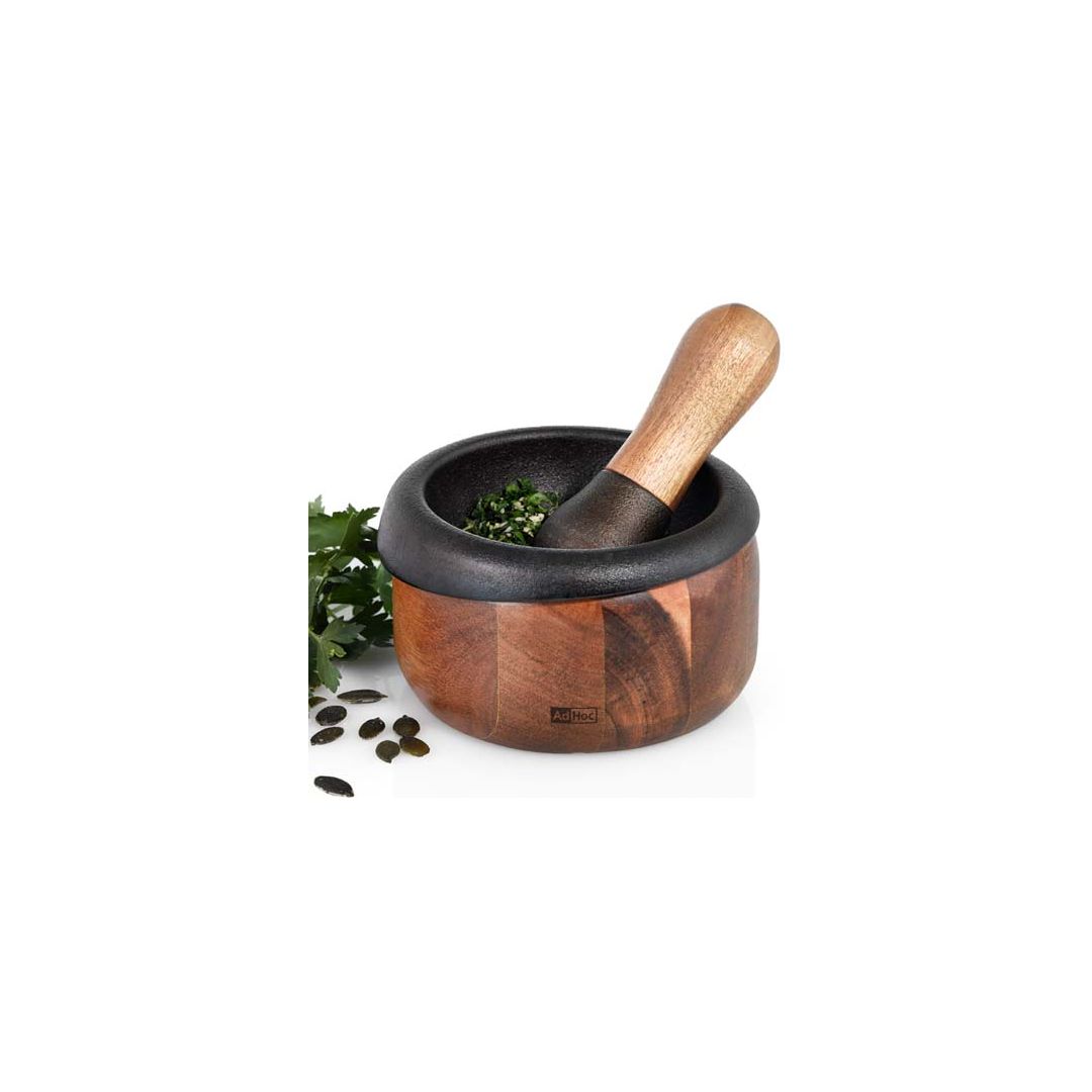 Mortier et pilon en bois d'acacia et en fonte