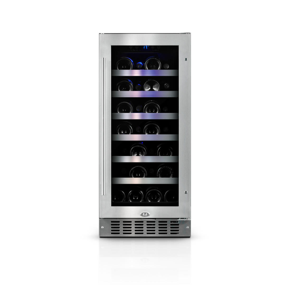 Cellier encastrable collection Diamond, 1 zone, 1 porte vitrée avec cadre inox - 28 bouteilles