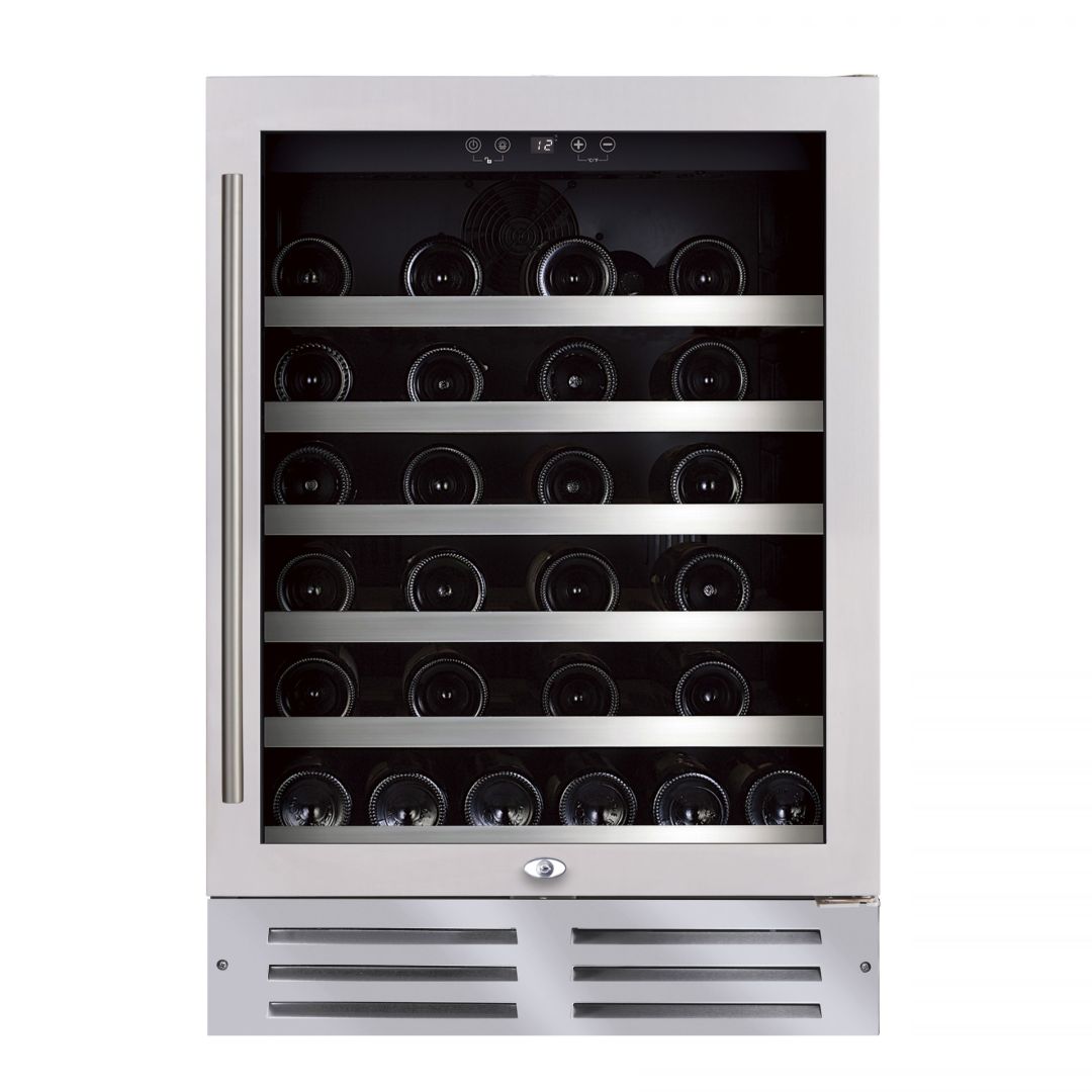 Cellier encastrable 1 zone, 1 porte vitrée réversible avec cadre inox - 46 bouteilles