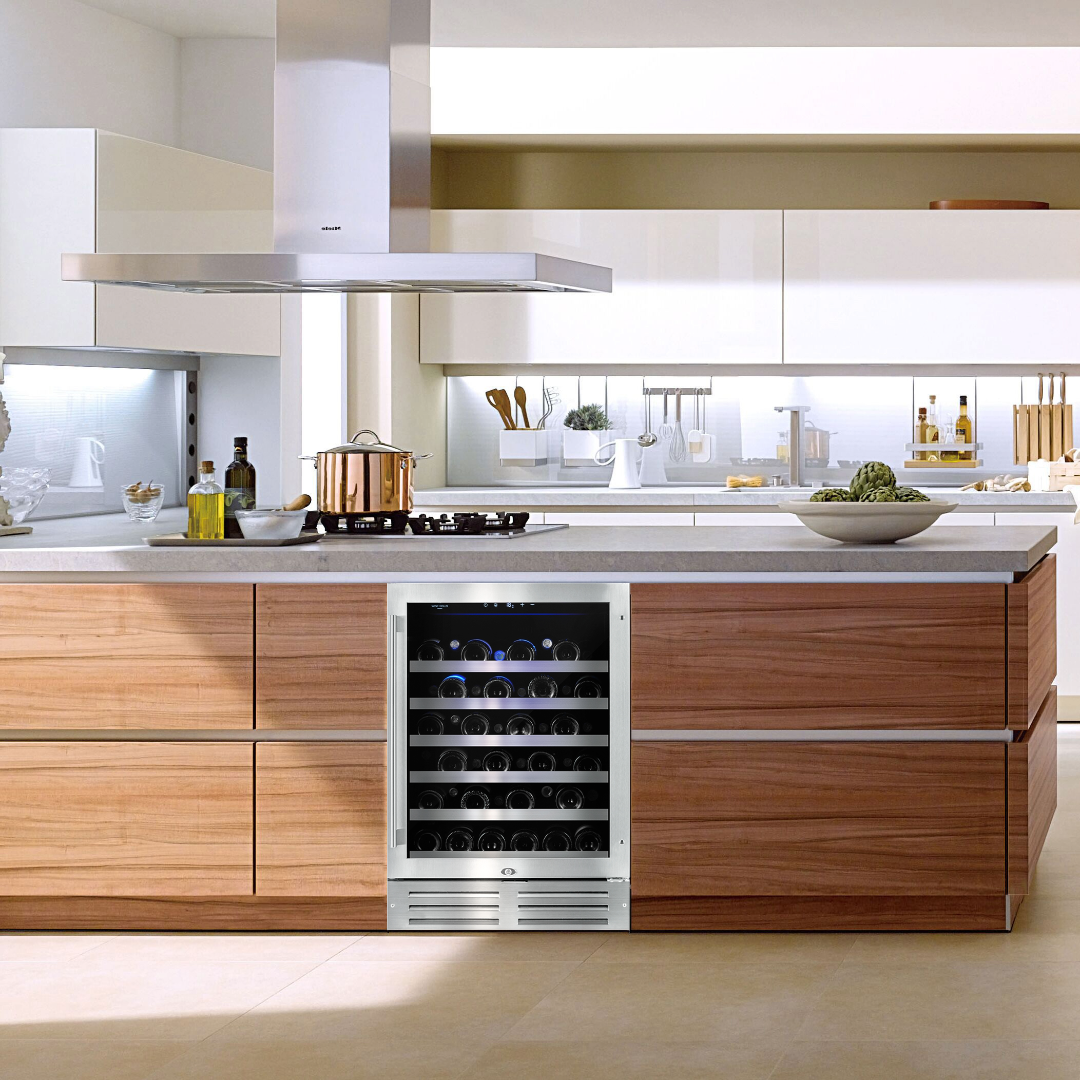 Cellier encastrable 1 zone, 1 porte vitrée réversible avec cadre inox - 46 bouteilles